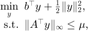 $$
\begin{array}{rl}
\displaystyle\min_y & \hspace{-0.5em}b^\top y+\frac{1}{2}\|y\|_2^2,\\
\displaystyle\mathrm{s.t.} & \hspace{-0.5em}\|A^\top y\|_\infty\le\mu,
\end{array}
$$