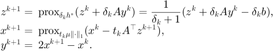 $$ \begin{array}{rl}
z^{k+1}=&\hspace{-0.5em}\displaystyle\mathrm{prox}_{\delta_kh^*}(z^k+\delta_kAy^k)
=\frac{1}{\delta_k+1}(z^k+\delta_kAy^k-\delta_kb), \\
x^{k+1}=&\hspace{-0.5em}\displaystyle\mathrm{prox}_{t_k\mu\|\cdot\|_1}(x^k-t_kA^\top z^{k+1}), \\
y^{k+1}=&\hspace{-0.5em}\displaystyle 2x^{k+1}-x^k.
\end{array} $$