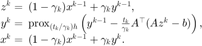 $$ \begin{array}{rl}\displaystyle
z^k= &\hspace{-0.5em} (1-\gamma_k)x^{k-1}+\gamma_k y^{k-1}, \\
y^k= &\hspace{-0.5em} \mathrm{prox}_{(t_k/\gamma_k)h}
\left(y^{k-1}-\frac{t_k}{\gamma_k}A^\top(Az^k-b)\right), \\
x^k= &\hspace{-0.5em} (1-\gamma_k)x^{k-1}+\gamma_k y^k.
\end{array} $$