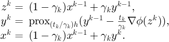 $$ \begin{array}{rl}
\displaystyle z^k = & \hspace{-0.5em}(1-\gamma_k)x^{k-1}+\gamma_ky^{k-1},\\
\displaystyle y^k = & \hspace{-0.5em}
\mathrm{prox}_{(t_k/\gamma_k)h}(y^{k-1}-\frac{t_k}{\gamma_k}\nabla \phi(z^k)),\\
x^k= & \hspace{-0.5em}(1-\gamma_k)x^{k-1}+\gamma_ky^k.
\end{array} $$