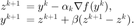 $$ \begin{array}{rl} z^{k+1}&\hspace{-0.5em}=y^{k}-\alpha_k\nabla f(y^k), \\ y^{k+1}&\hspace{-0.5em}=z^{k+1}+\beta(z^{k+1}-z^{k}). \end{array}$