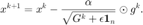 $$ \displaystyle x^{k+1}=x^k-\frac{\alpha}
{\sqrt{G^k+\epsilon \mathbf{1}_n}}\odot g^k. $$