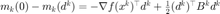 $m_k(0)-m_k(d^k)=-\nabla f(x^k)^\top d^k + \frac{1}{2}(d^k)^\top B^k d^k$